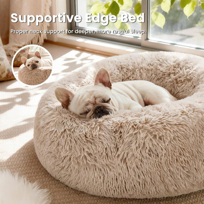 Calming Donut Pet Bed for Dogs and Cats, Anti-Anxiety Fluffy Warming Bed for Indoor Use, Available in Beige Taupe - 20"/24" Sizes