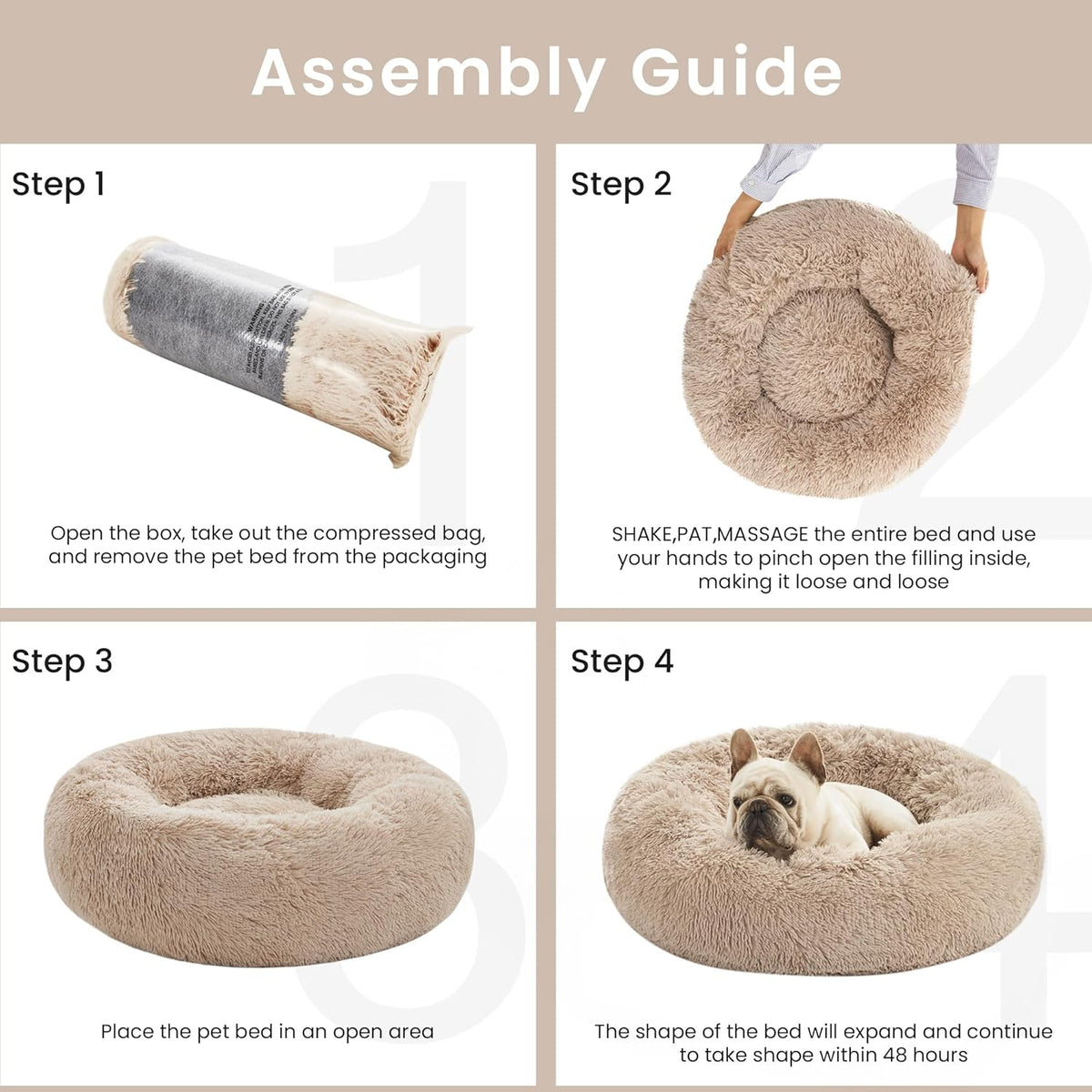Calming Donut Pet Bed for Dogs and Cats, Anti-Anxiety Fluffy Warming Bed for Indoor Use, Available in Beige Taupe - 20"/24" Sizes