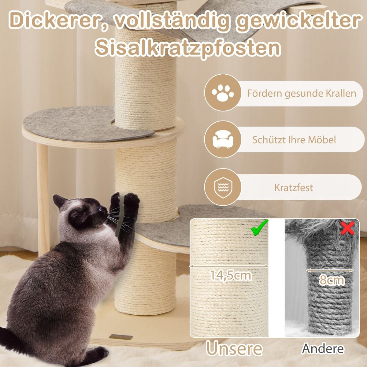 120 cm Cat Tree with Hammock, 3 Platforms, and Sisal Carpet in Gray