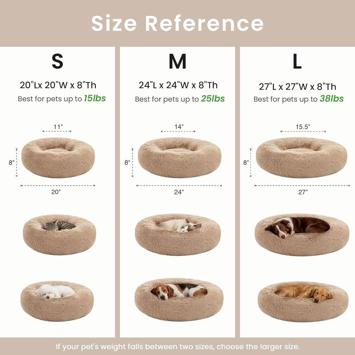 Calming Donut Pet Bed for Dogs and Cats, Anti-Anxiety Fluffy Warming Bed for Indoor Use, Available in Beige Taupe - 20"/24" Sizes
