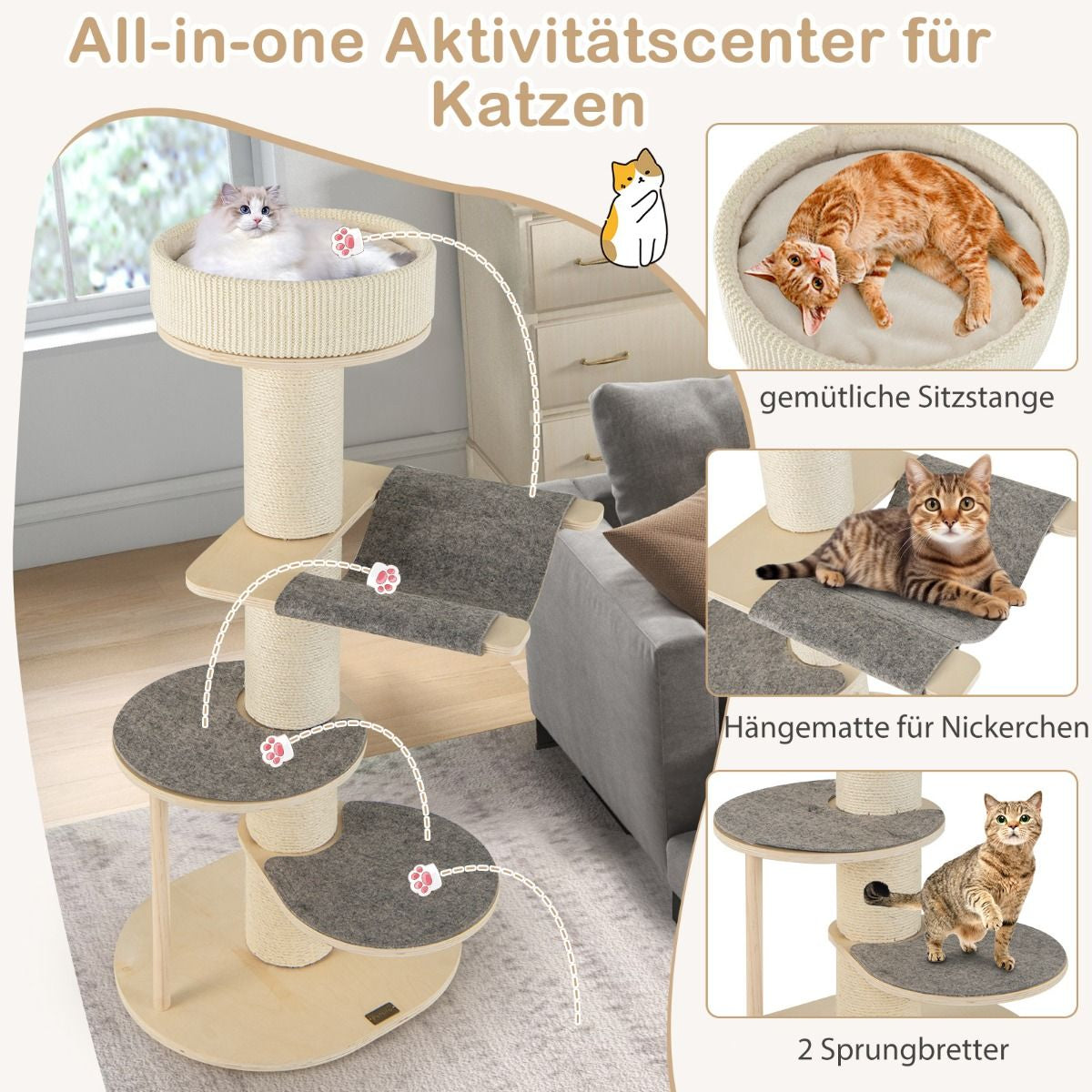 120 cm Cat Tree with Hammock, 3 Platforms, and Sisal Carpet in Gray