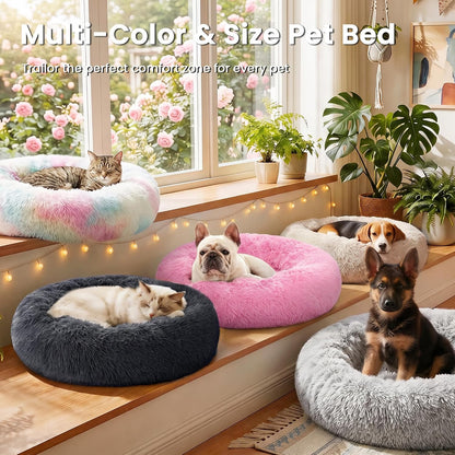 Calming Donut Pet Bed for Dogs and Cats, Anti-Anxiety Fluffy Warming Bed for Indoor Use, Available in Beige Taupe - 20"/24" Sizes