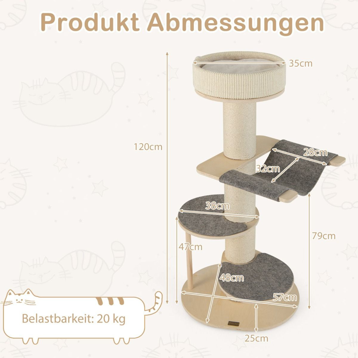 120 cm Cat Tree with Hammock, 3 Platforms, and Sisal Carpet in Gray