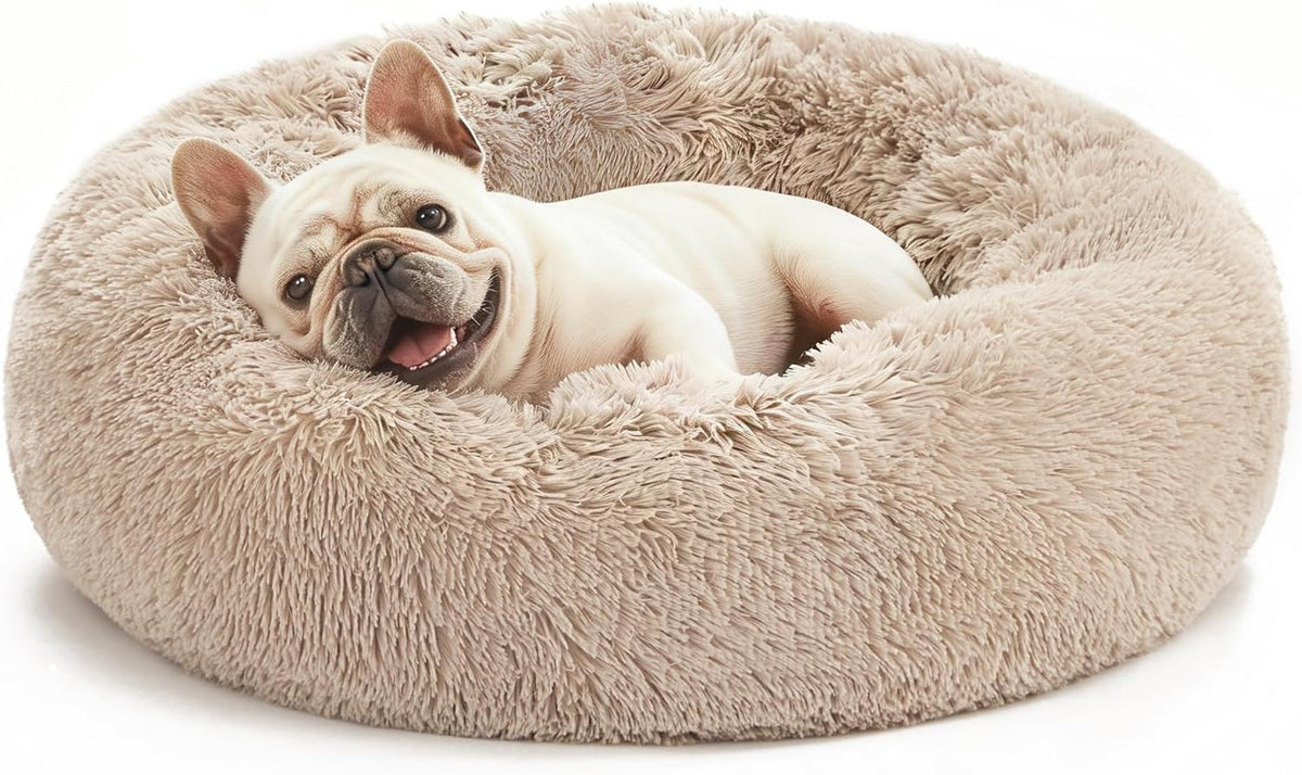 Calming Donut Pet Bed for Dogs and Cats, Anti-Anxiety Fluffy Warming Bed for Indoor Use, Available in Beige Taupe - 20"/24" Sizes