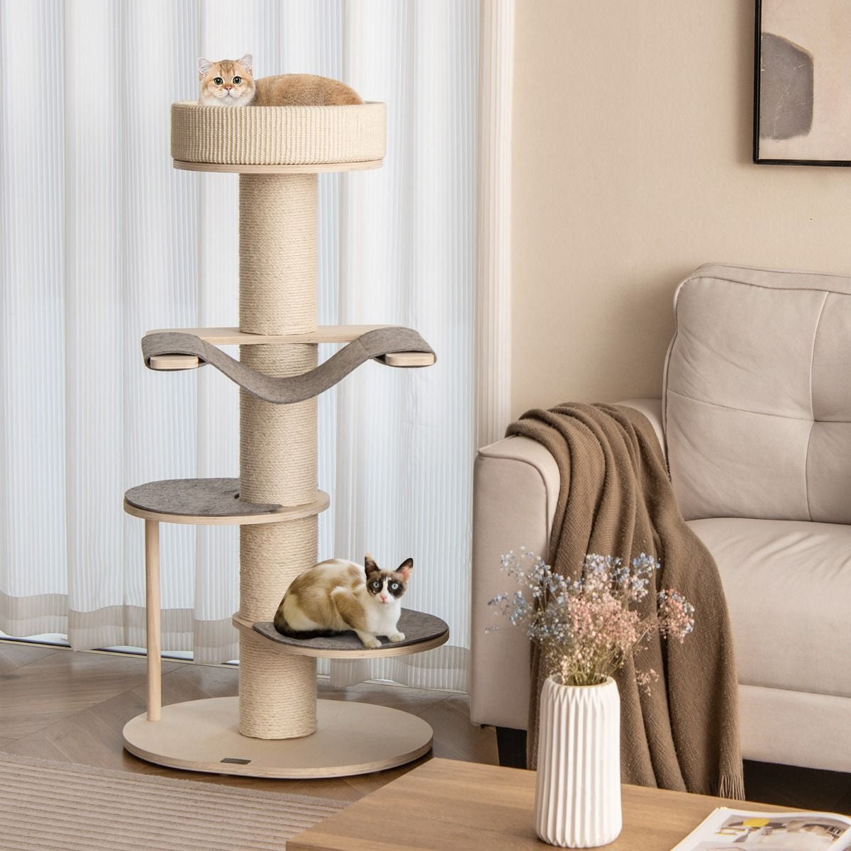 120 cm Cat Tree with Hammock, 3 Platforms, and Sisal Carpet in Gray