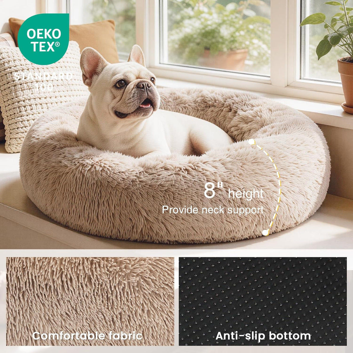 Calming Donut Pet Bed for Dogs and Cats, Anti-Anxiety Fluffy Warming Bed for Indoor Use, Available in Beige Taupe - 20"/24" Sizes